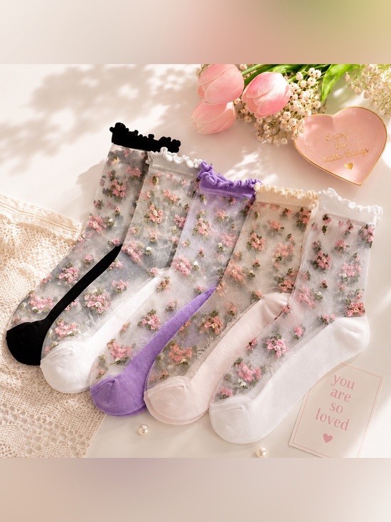 Accessories - Floral Sheer Mesh Crew Socks 5 Pair Set Elegant Women’s Socks